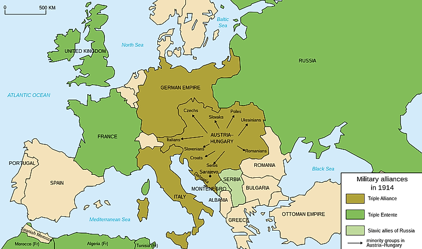 Map of military alliances of Europe in 1914. 