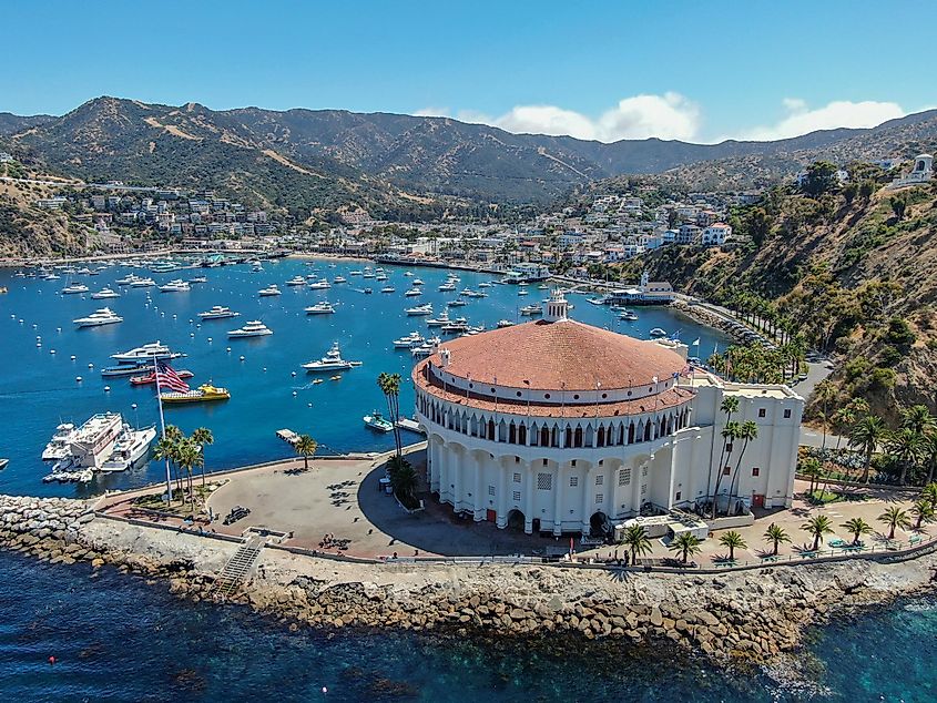  Aerial view of the Catalina Casino and Avalon Harbor in Avalon, California.