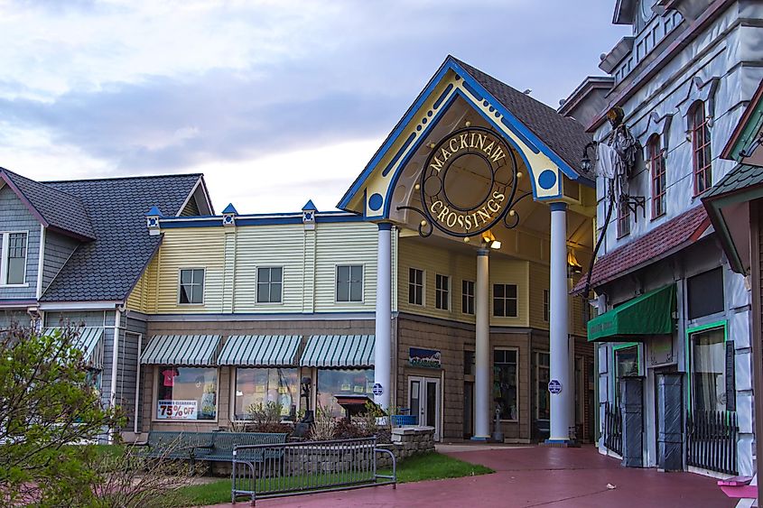 Exterior view of an empty shopping mall in the tourist town of Mackinaw City, Michigan.