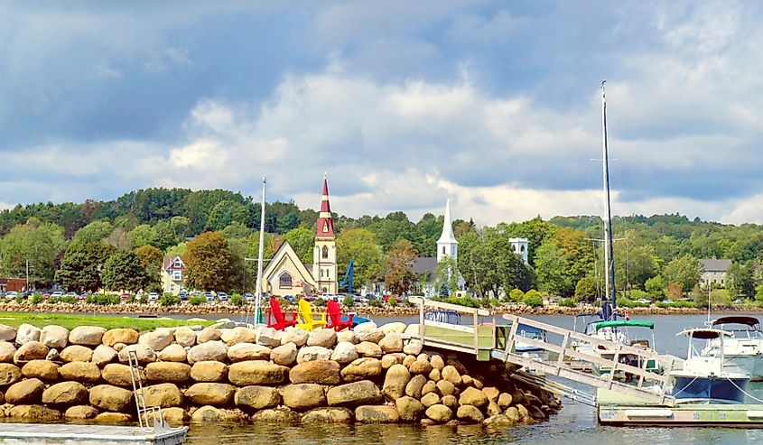 A peaceful village of Mahone Bay, Nova Scotia, with churches steeple in background