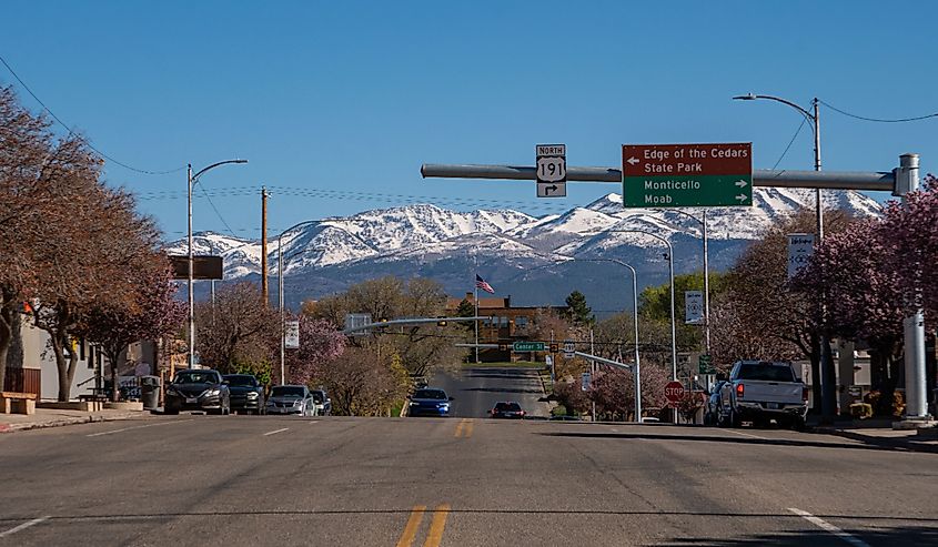 Main street in the small rural town of Blanding, Utah.