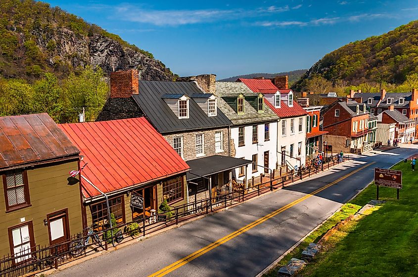 View of historic buildings and shops on High Street in Harpers Ferry, West Virginia