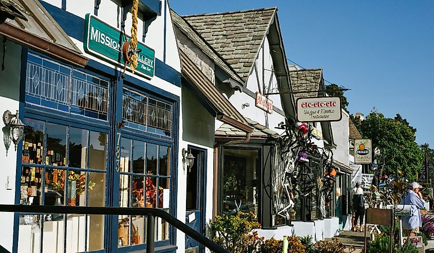 Cambria, California, row of tourist shops on a sunny day