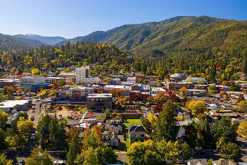 Aerial view of the town and surrounding mountains of Ashland, Oregon.