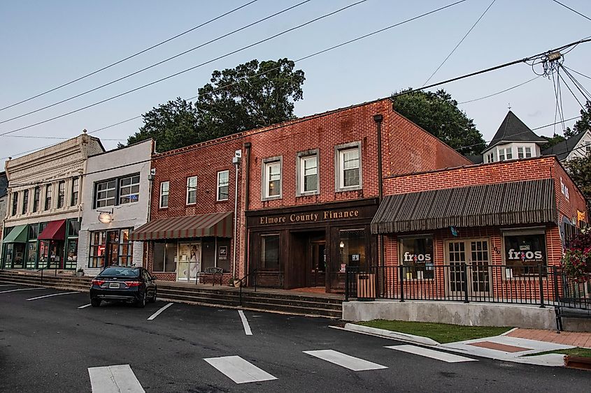 Small businesses line Company Street in the historic district of Wetumpka, Alabama. 