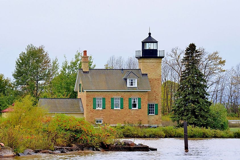 Ontonagon Lighthouse on Lake Superior by the Ontonagon River in Ontonagon, Michigan. 