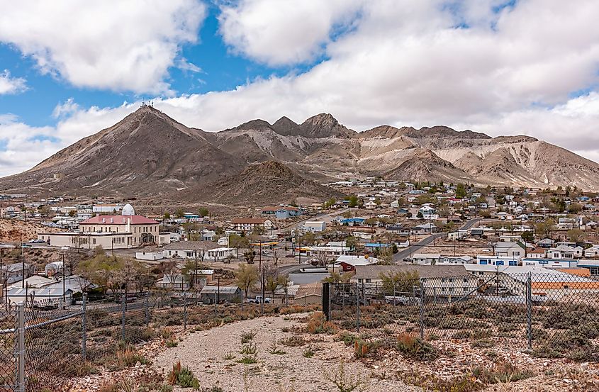 Courthouse with dome in its neighborhood seen from Historic Mining Park in Tonopah, Nevada.