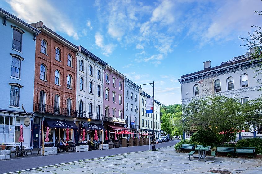 View of historic brick buildings in the Rondout-West Strand Historic District in Kingston, New York.
