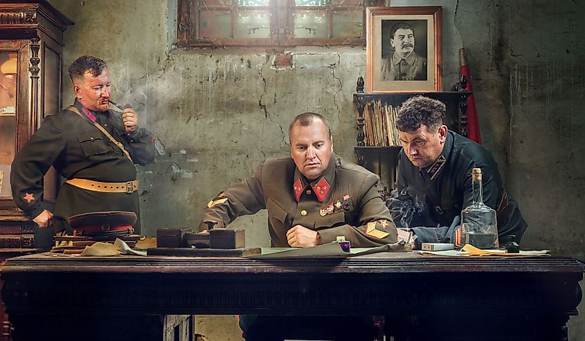 Historical reenactment of The Battle of Stalingrad, Soviet commanders at headquarters.