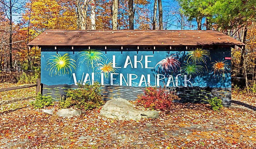 Lake Wallenpaupack sign in on a bright fall day in Hawley, Pennsylvania. 