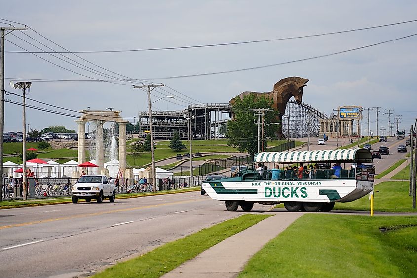 Tourists enjoy a ride on the Original Wisconsin Ducks 2.5ton six-wheel amphibious truck ride in Wisconsin Dells.