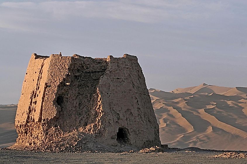 The ruins of a Han-dynasty watchtower made of rammed earth at Dunhuang, Gansu province