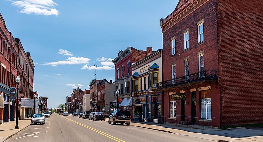 Kane, Pennsylvania, USA: Businesses along North Fraley Street on a sunny spring day.