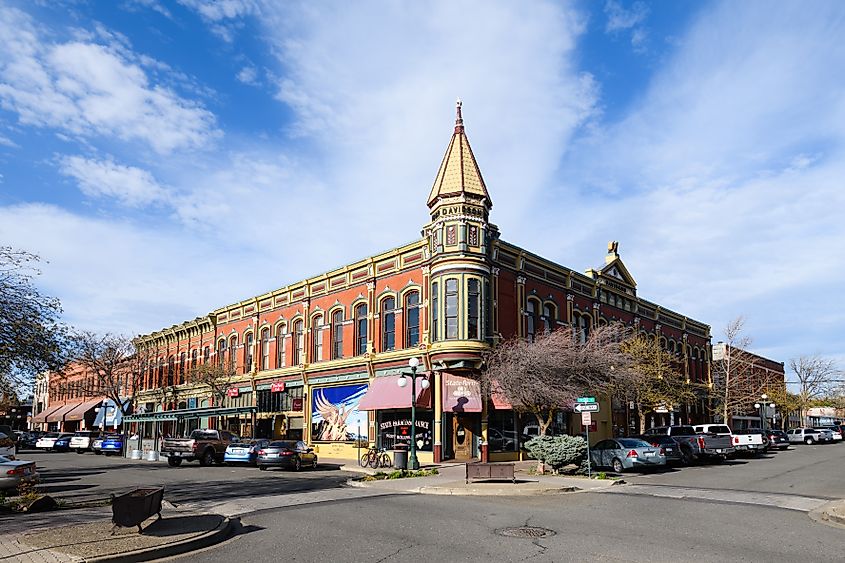 The Davidson Building stands in downtown Ellensburg, Washington, USA, on a spring evening. 