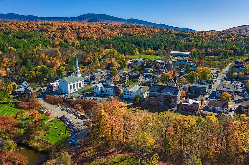 Aerial view of town and forests in Stowe, Vermont.