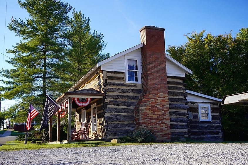 An old log cabin, the Toll House, in Barboursville, West Virginia.