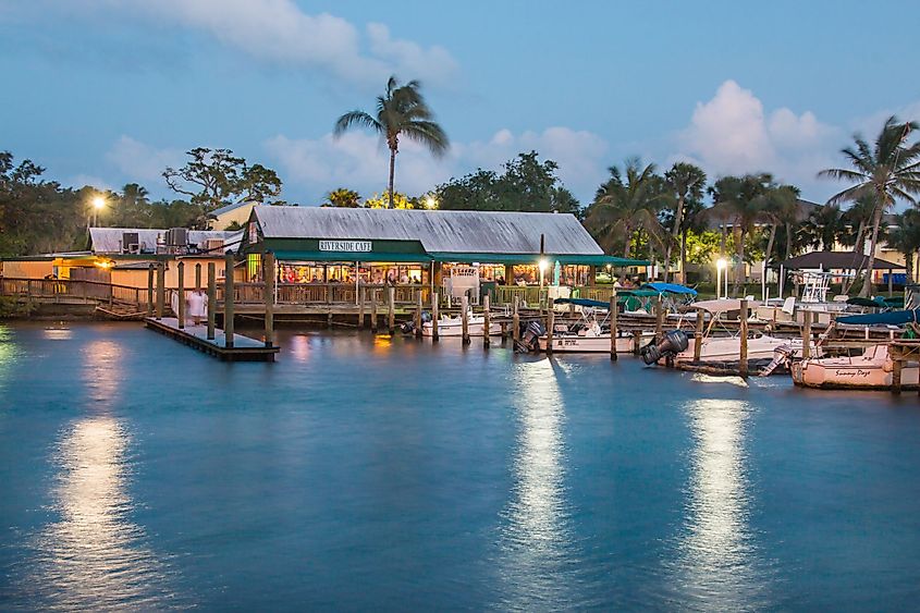 The Riverside Cafe on the Indian River in Vero Beach, Florida at dusk.