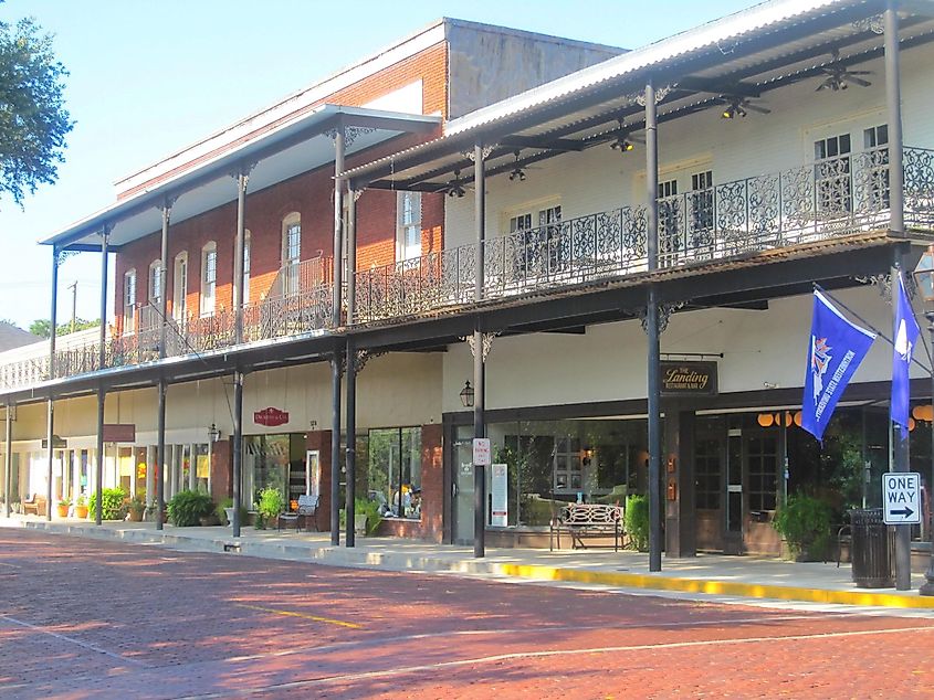 Downtown Natchitoches with historic buildings, stores, and shops, maintains brick streets,