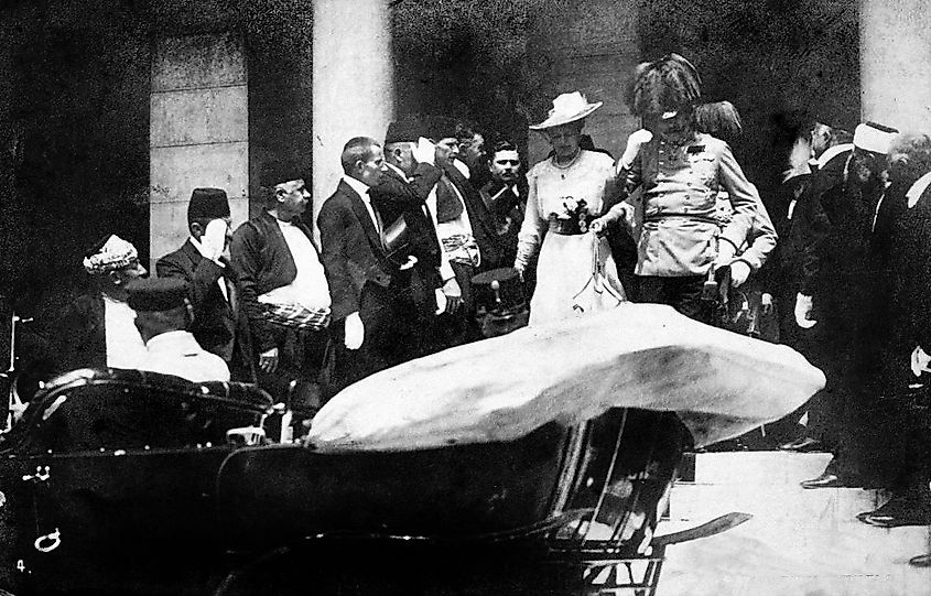 Photograph of the Archduke and his wife emerging from the Sarajevo Town Hall to board their car, a few minutes before the assassination