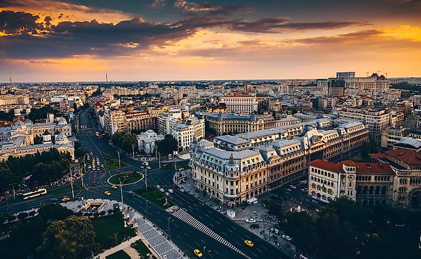 Bucharest view from above during summer sunrise.