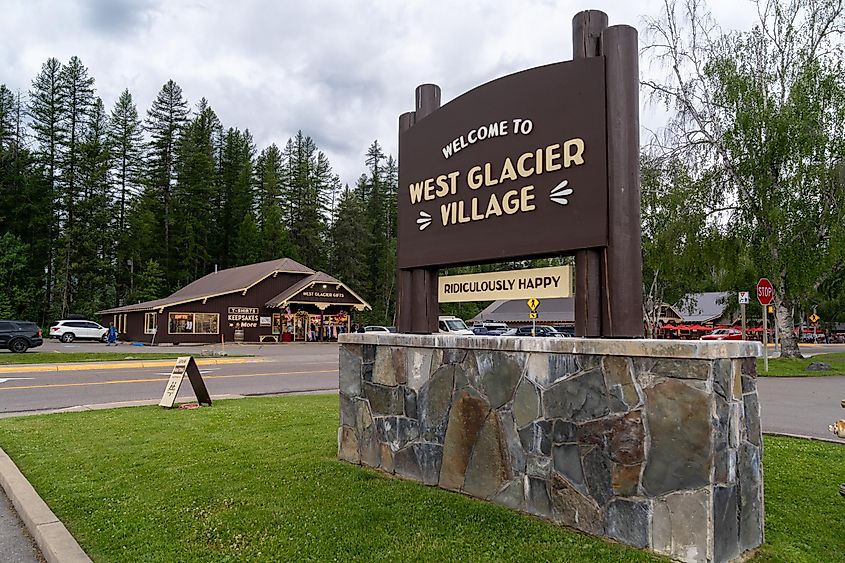 Welcome sign to West Glacier Village town, near Glacier National Park, Montana.