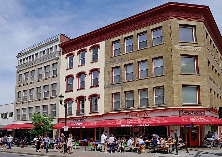 Downtown Ithaca, New York, people dining outdoors.