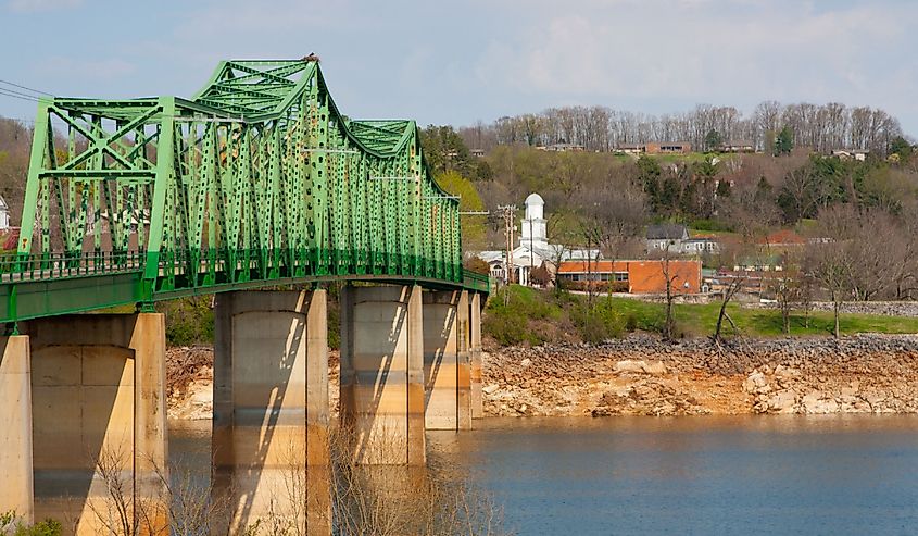 View of the green bridge over Douglas Lake in Dandridge, Tennessee.