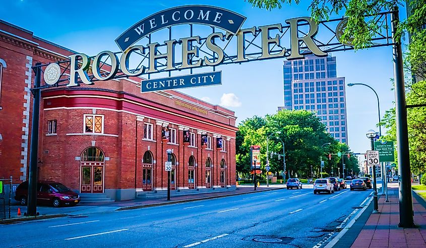 Welcome to Rochester New York sign in downtown Rochester.