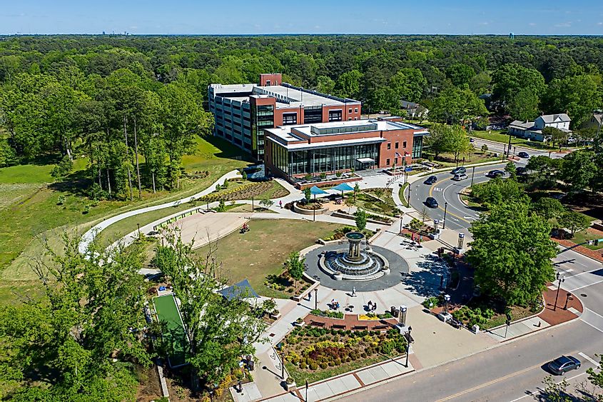 Aerial view of downtown park and library in Cary, North Carolina. 