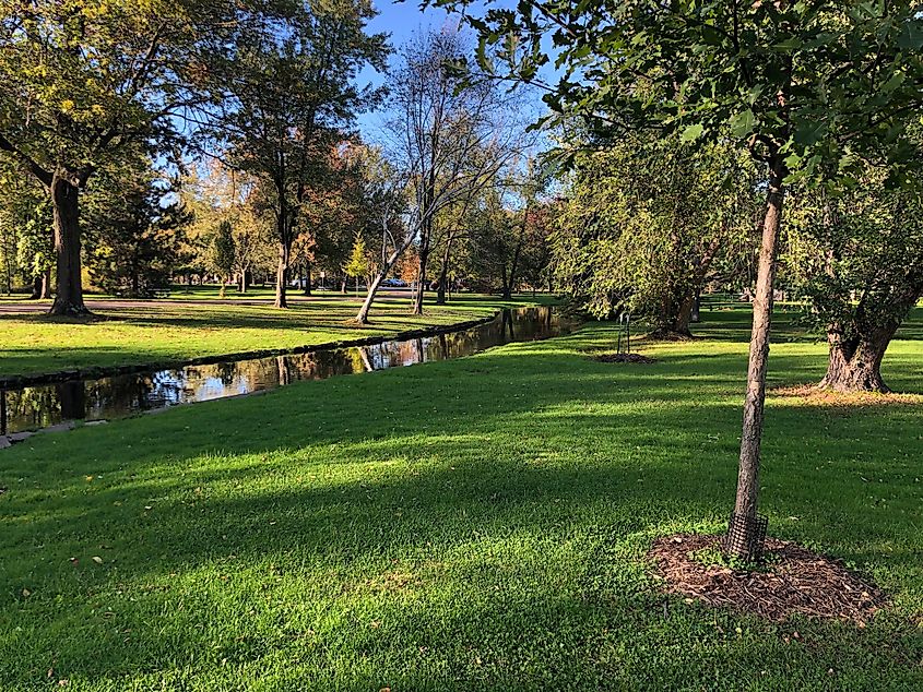 Iverson Park in Stevens Point, Wisconsin, offers a picturesque natural setting with greenery, walking paths, and recreational facilities.