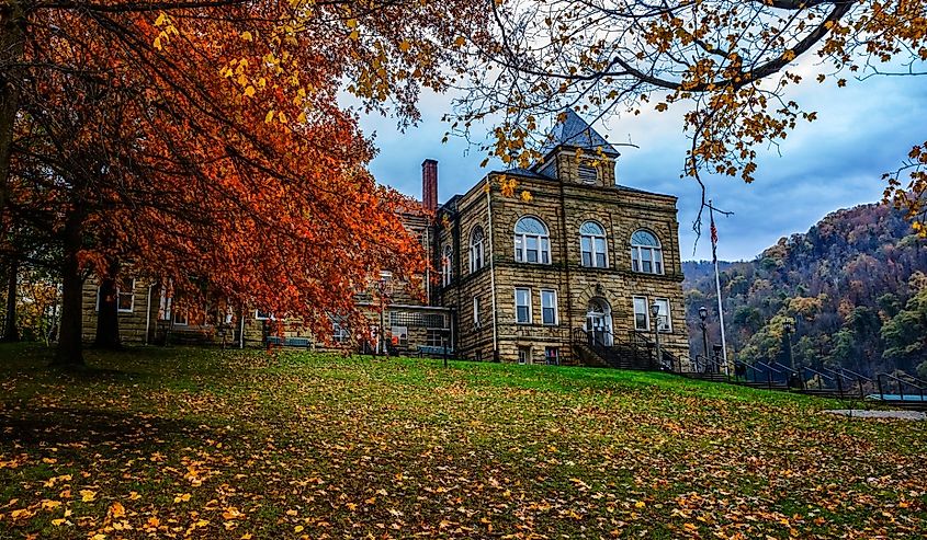 Webster County Courthouse with fall color in Webster Springs, West Virginia.