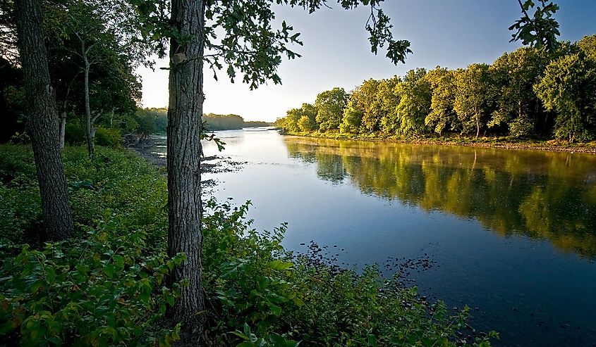 Early morning light on the shore of the Kankakee River (start of Illinois River) in northern Illinois, USA