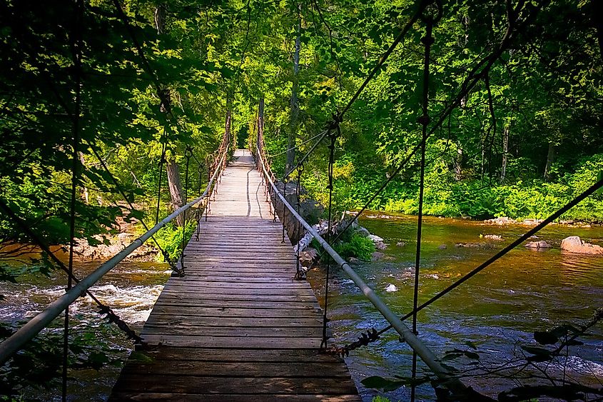A suspended bridge on the trail to whitehouse, in Wells, New York.
