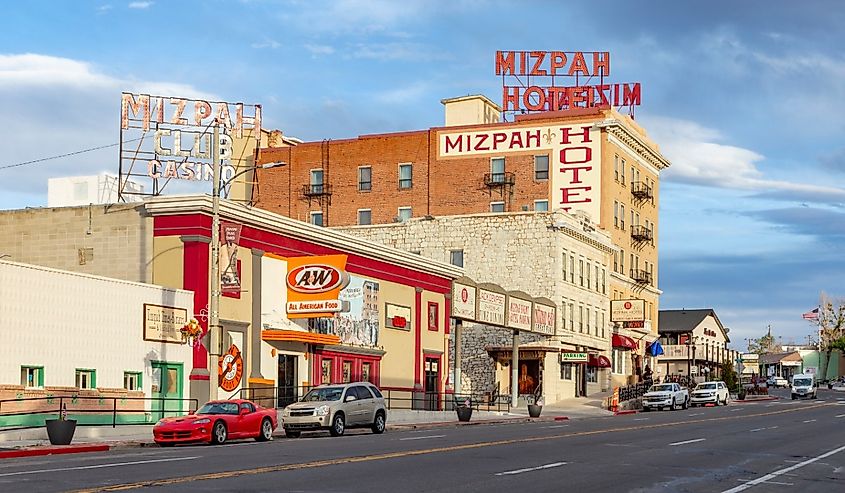 Old historic hotel, casino and bar Mizpah in the old mining town of Tonopah, Nevada
