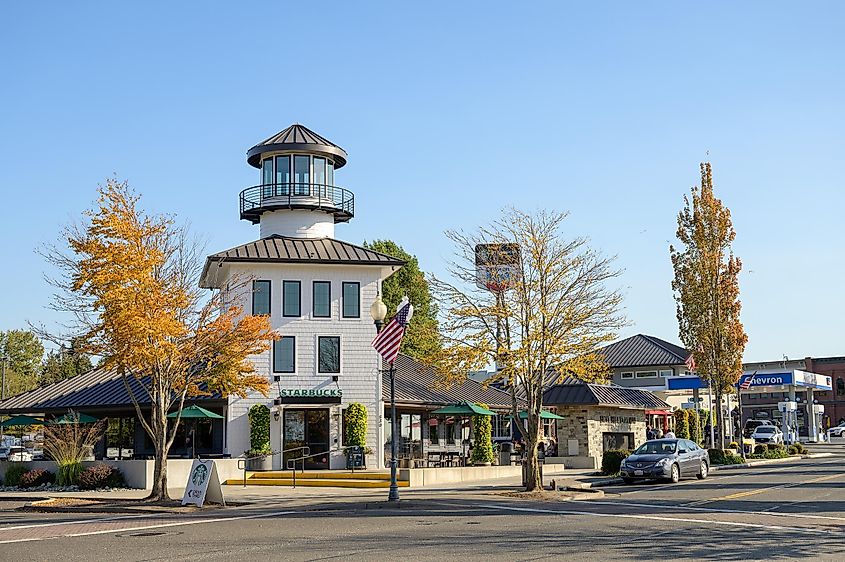 A Starbucks store stands prominently on Main Street in Blaine, Washington State, USA, offering its signature coffee and beverages to locals and visitors alike.