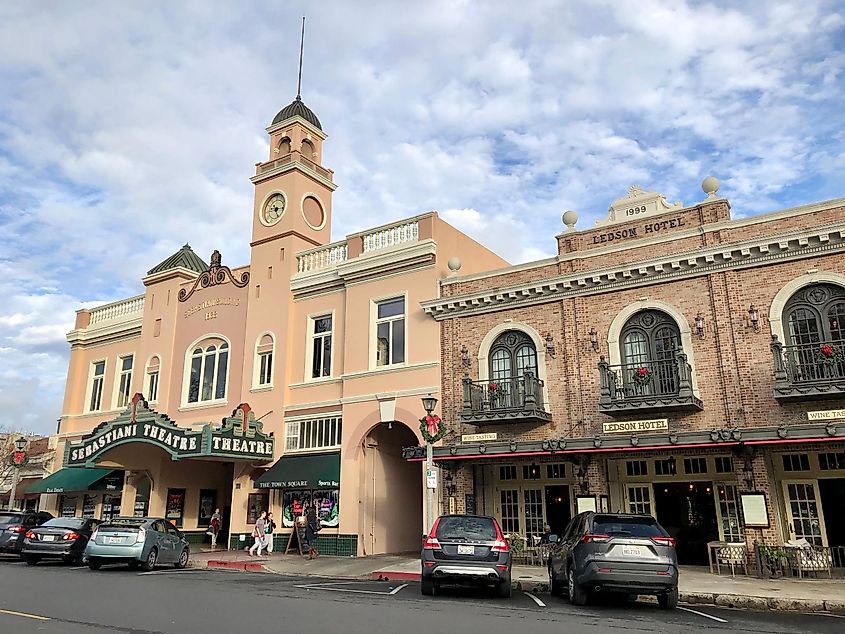 Famous and historic Sebastiani Theater and Building in downtown Sonoma, California. Image credit Lynn Watson via Shutterstock.com