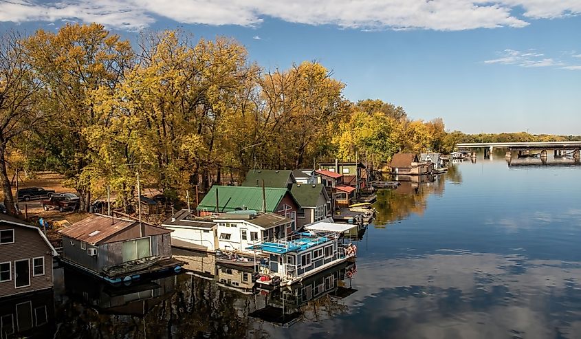 Houseboats on Latsch Island in the backwaters of the Mississippi River on an autumn morning, taken from the Latsch Island Bridge in Winona, Minnesota