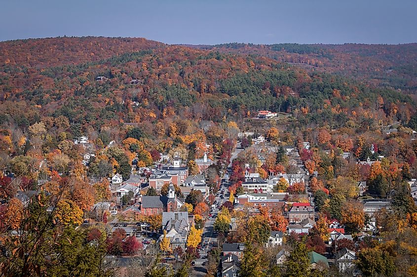 Aerial view of Milford, Pennsylvania, in fall.