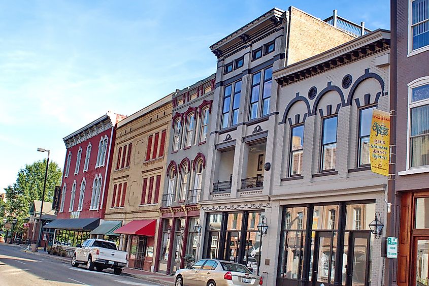 Row of colorful, historic buildings on the main street in the downtown area, Paducah, Kentucky.