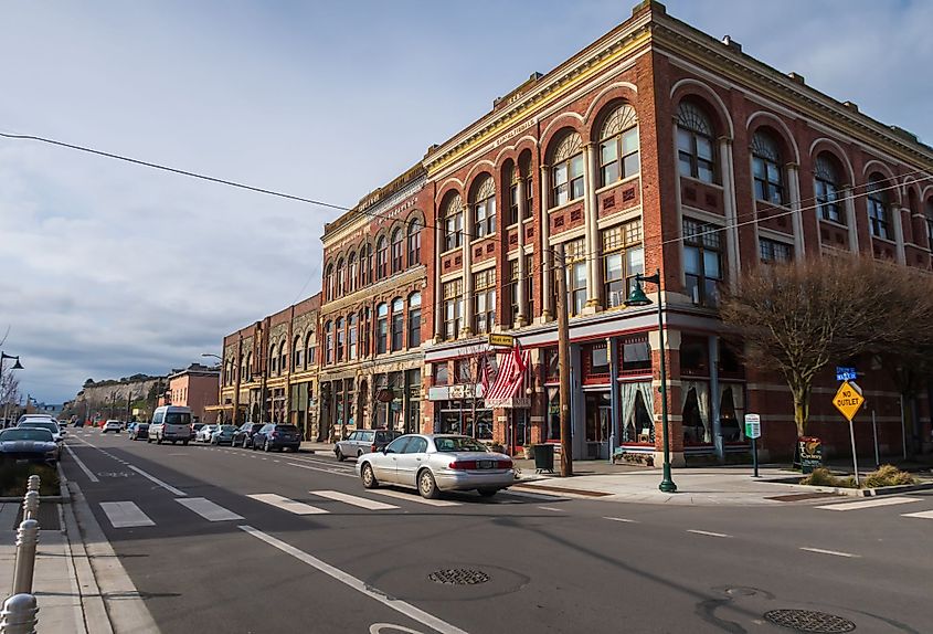 Landscape of Main Street, cars and Victorian buildings in Port Townsend, Washington
