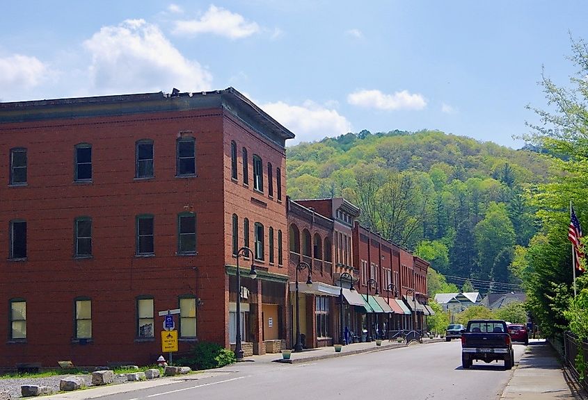 View along Main Street in Bramwell, West Virginia, United States. Buildings on the left are listed on the National Register of Historic Places as contributing properties in the Bramwell Historic District.