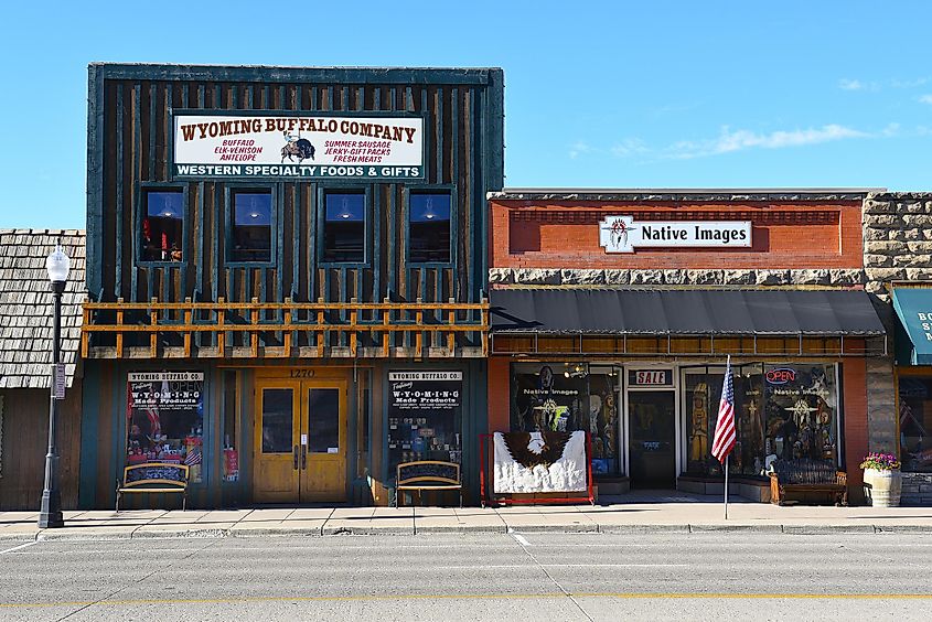 Wyoming Buffalo Company and Native Images shops on Sheridan Avenue in Cody, Wyoming.