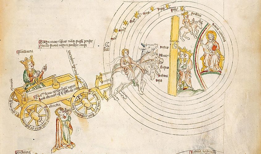 The crowned Prudencia, carrying scales, allegorically rides a wagon to Heaven. Concordia puts the finishing touches on the wagon. Upon entry Prudencia rides alone, on one horse, towards the Empyrean of the Christian God.