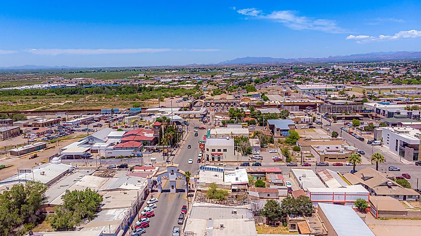 Aerial view of the Douglas, AZ, border crossing from Mexico
