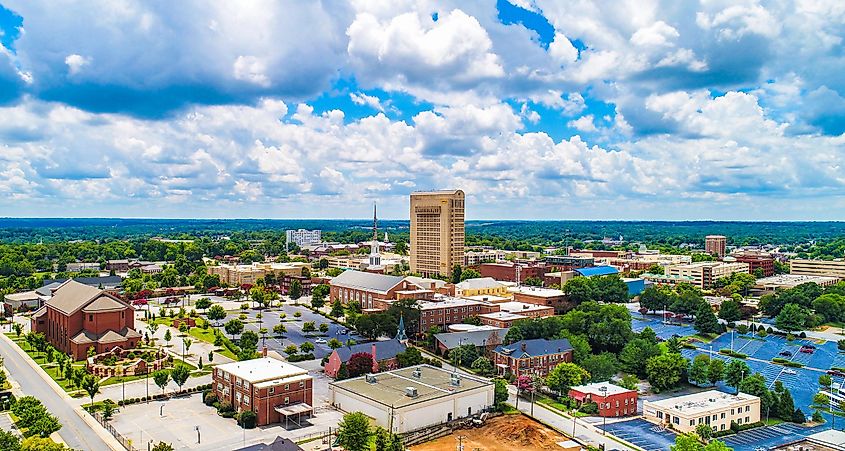 Drone Aerial of Downtown Spartanburg South Carolina SC Skyline.