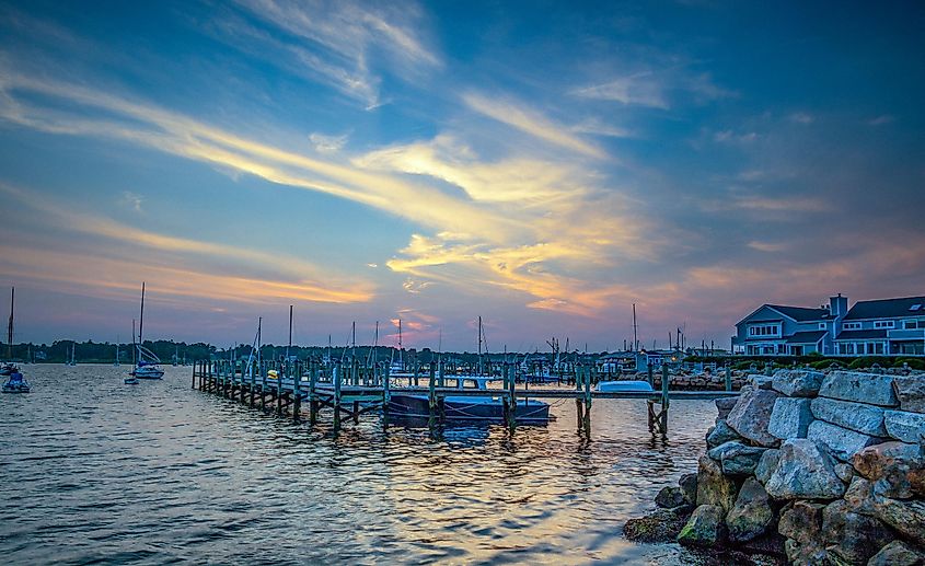 Summer sunset over the waterfront in Stonington, Connecticut.