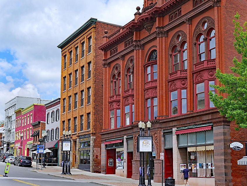 Colorful main street storefronts in Geneva, New York, USA. The town, located in the Finger Lakes region, boasts numerous well-preserved 19th-century buildings.