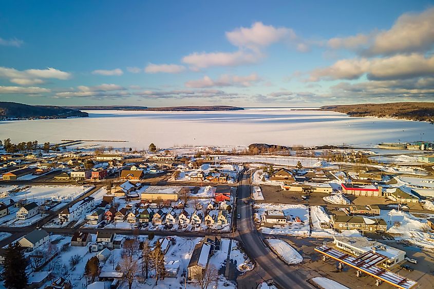 Aerial view of Munising, Michigan, in winter.