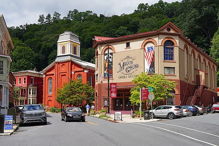 View of the landmark Mauch Chunk Opera House in the historic town of Jim Thorpe in the Lehigh Valley in Carbon County, Pennsylvania