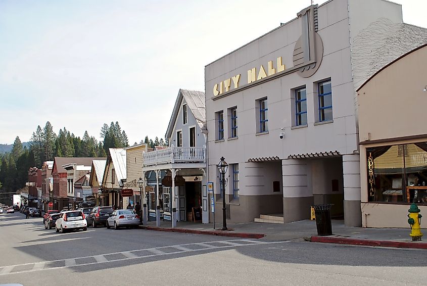 Nevada City, California: A Gold Rush era town in Northern California. Broad St. City Hall features an Art Deco facade attributed to Works Progress Administration projects.